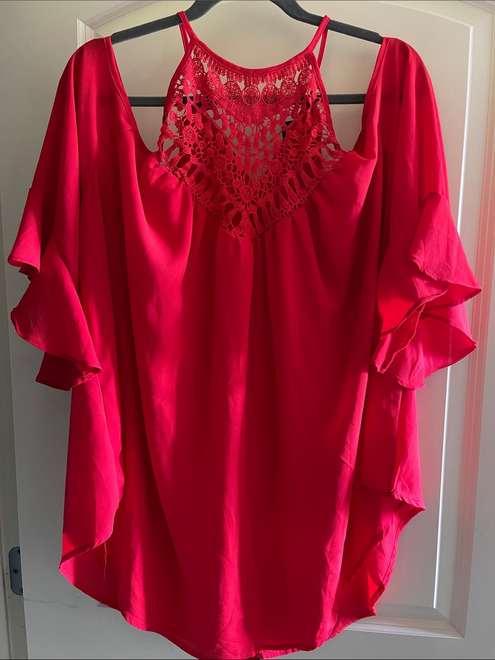 SHEIN Red Cold-Shoulder Crochet Yoke Tunic